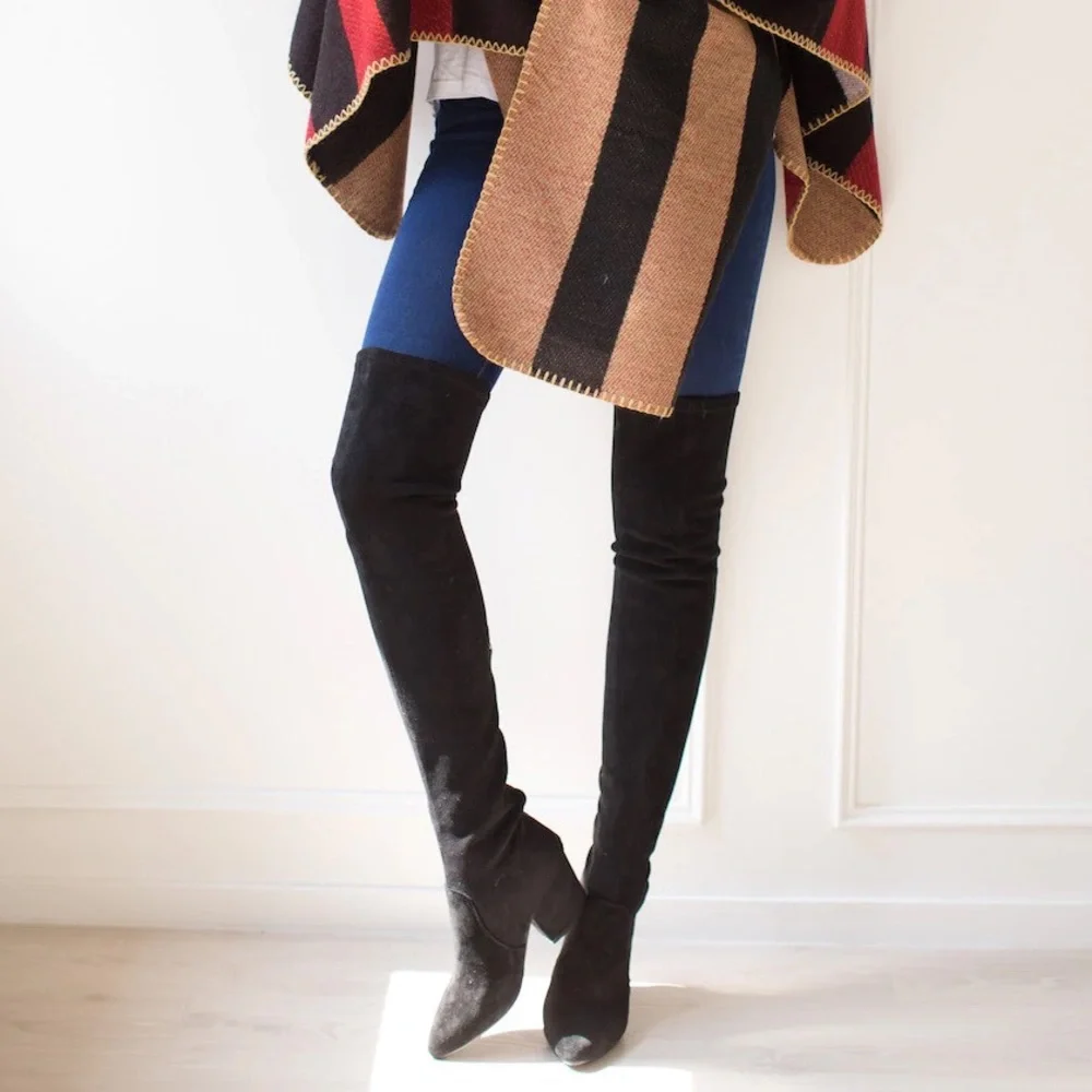 OVER THE KNEE BOOTS Heeled black suede leather OTK booties - Picture 5 of 6